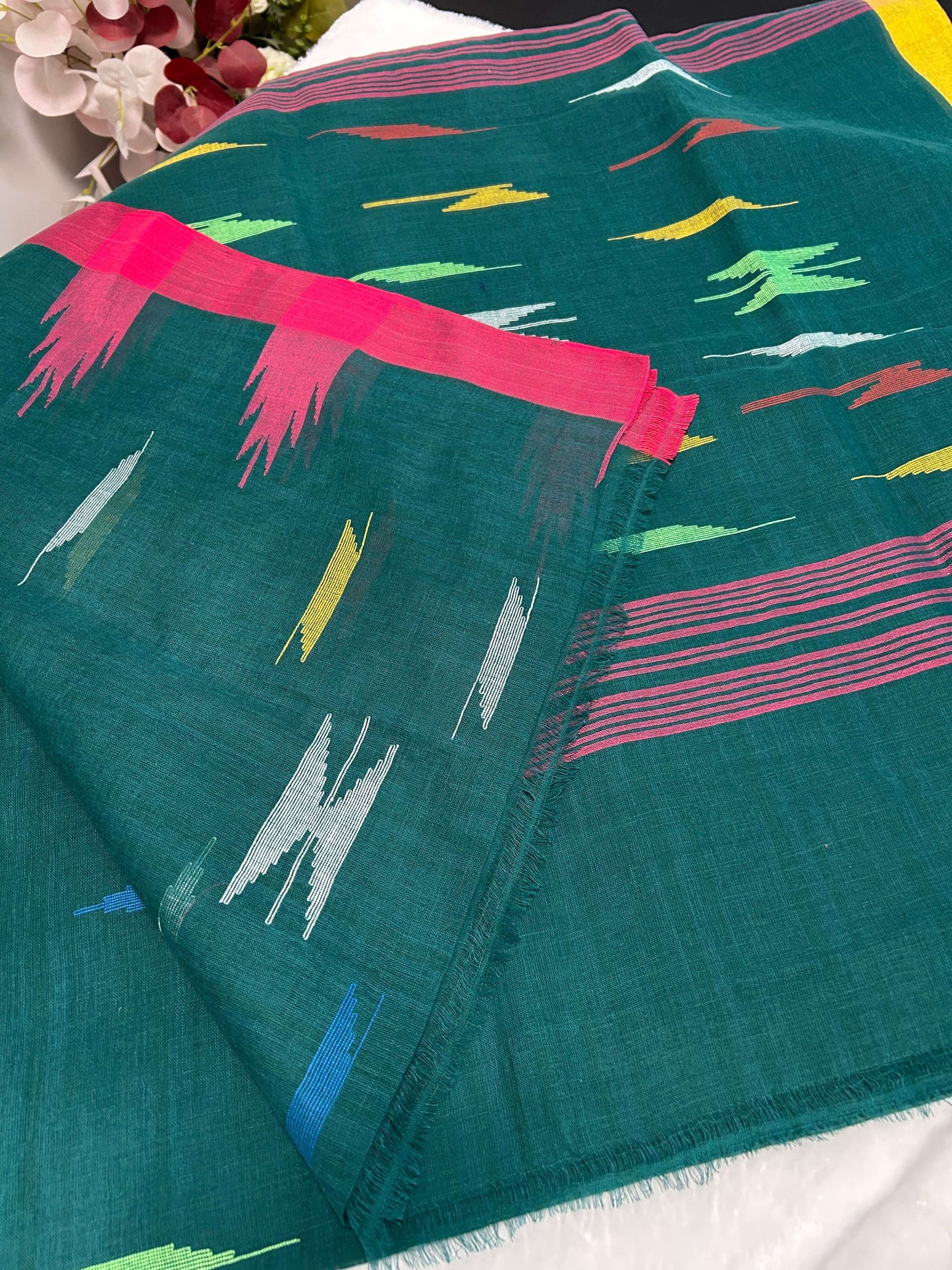 Emerald Green Manipuri Handloom Saree with Vibrant Accents@Auxerra
