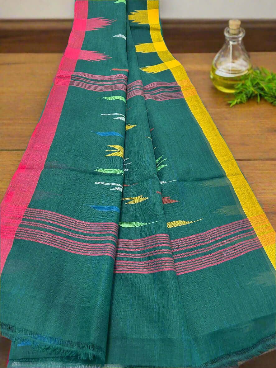 Emerald Green Manipuri Handloom Saree with Vibrant Accents@Auxerra