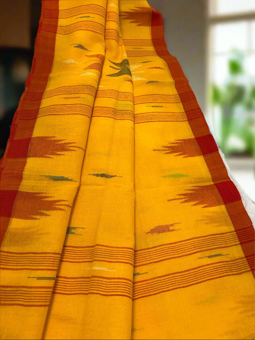 Golden Yellow Manipuri Handloom Saree with Deep Red Border@Auxerra