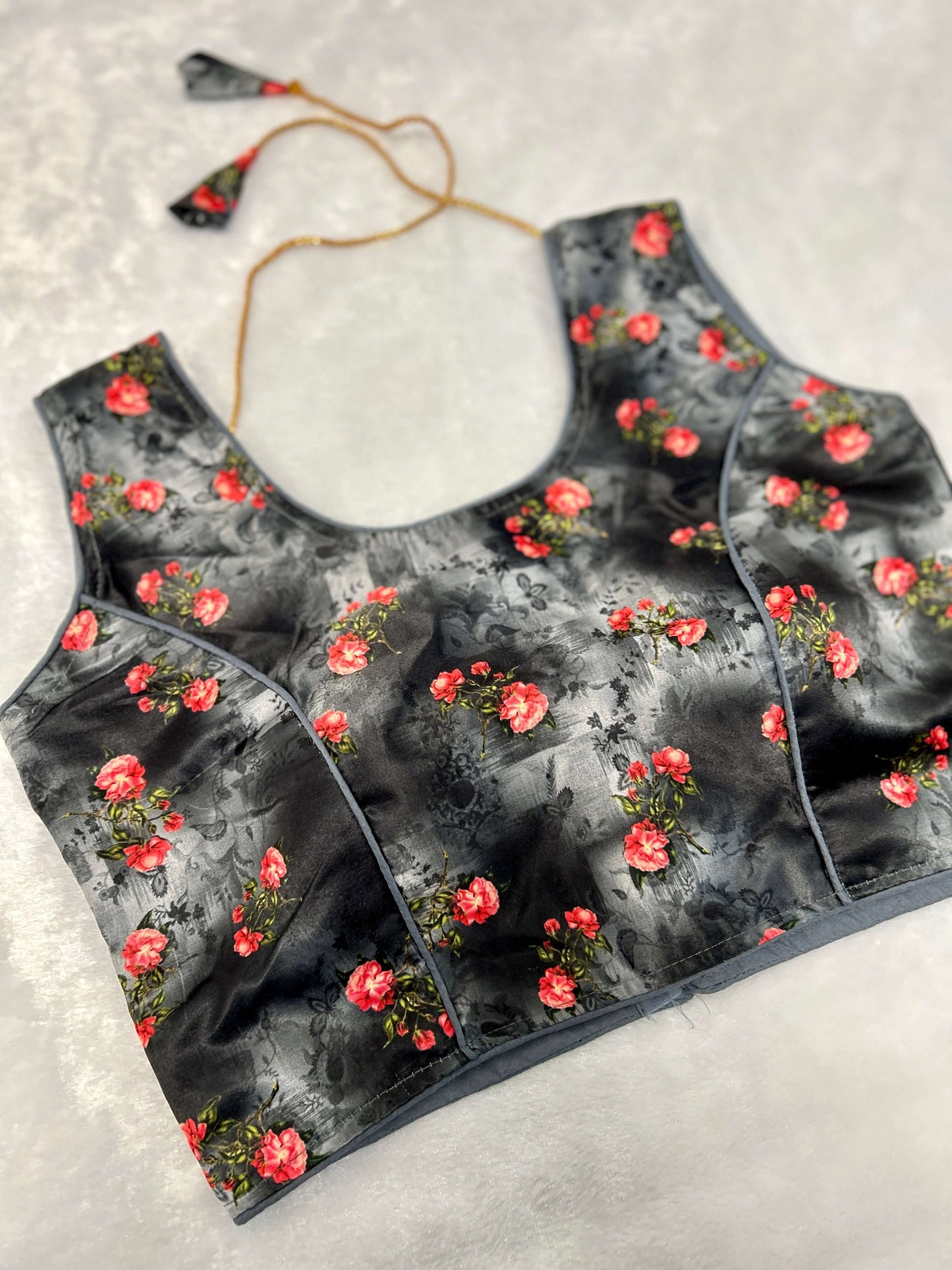 Black Floral Satin Padded Blouse@Auxerra