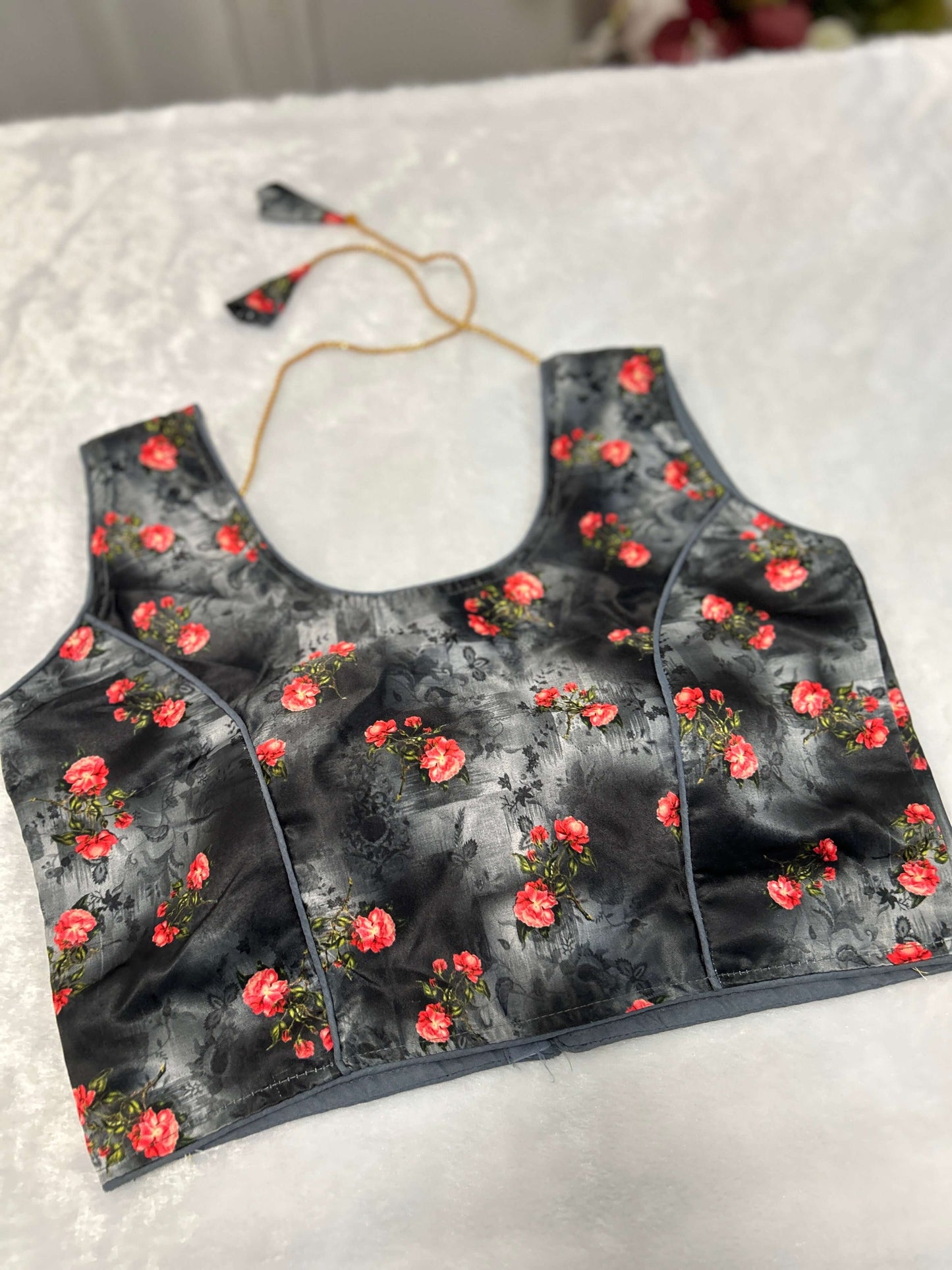 Black Floral Satin Padded Blouse@Auxerra