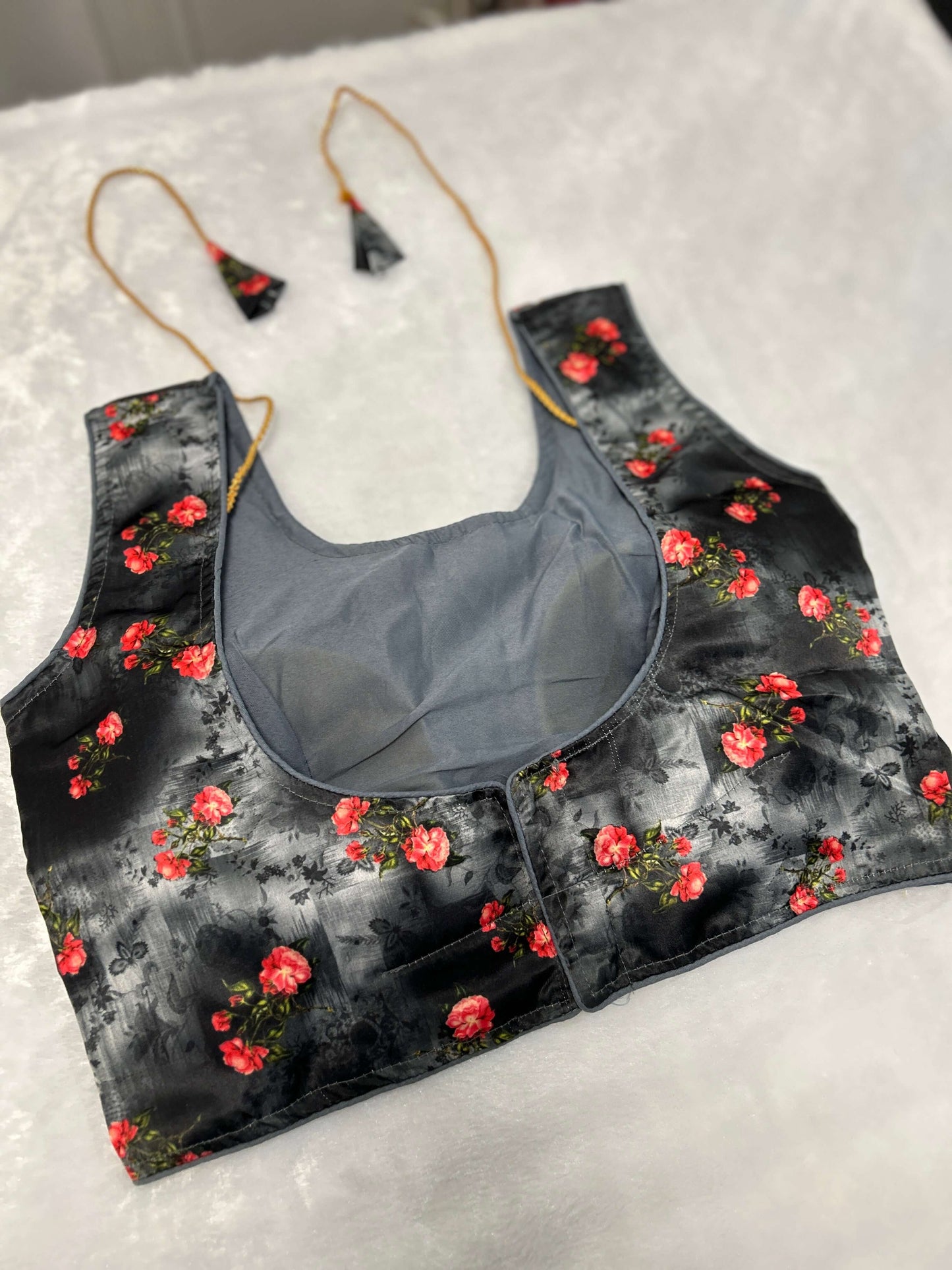 Black Floral Satin Padded Blouse@Auxerra