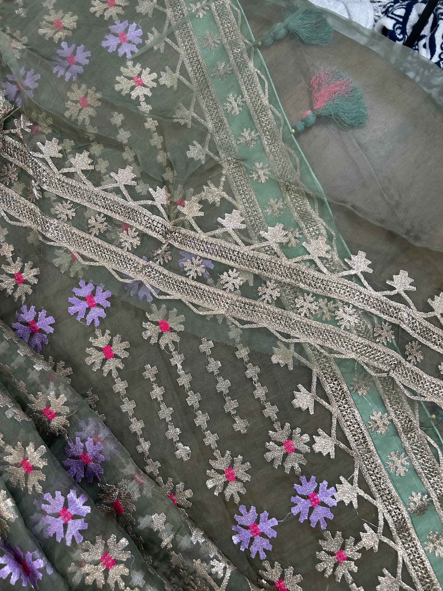 Elegant Olive Green Organza Saree@Auxerra
