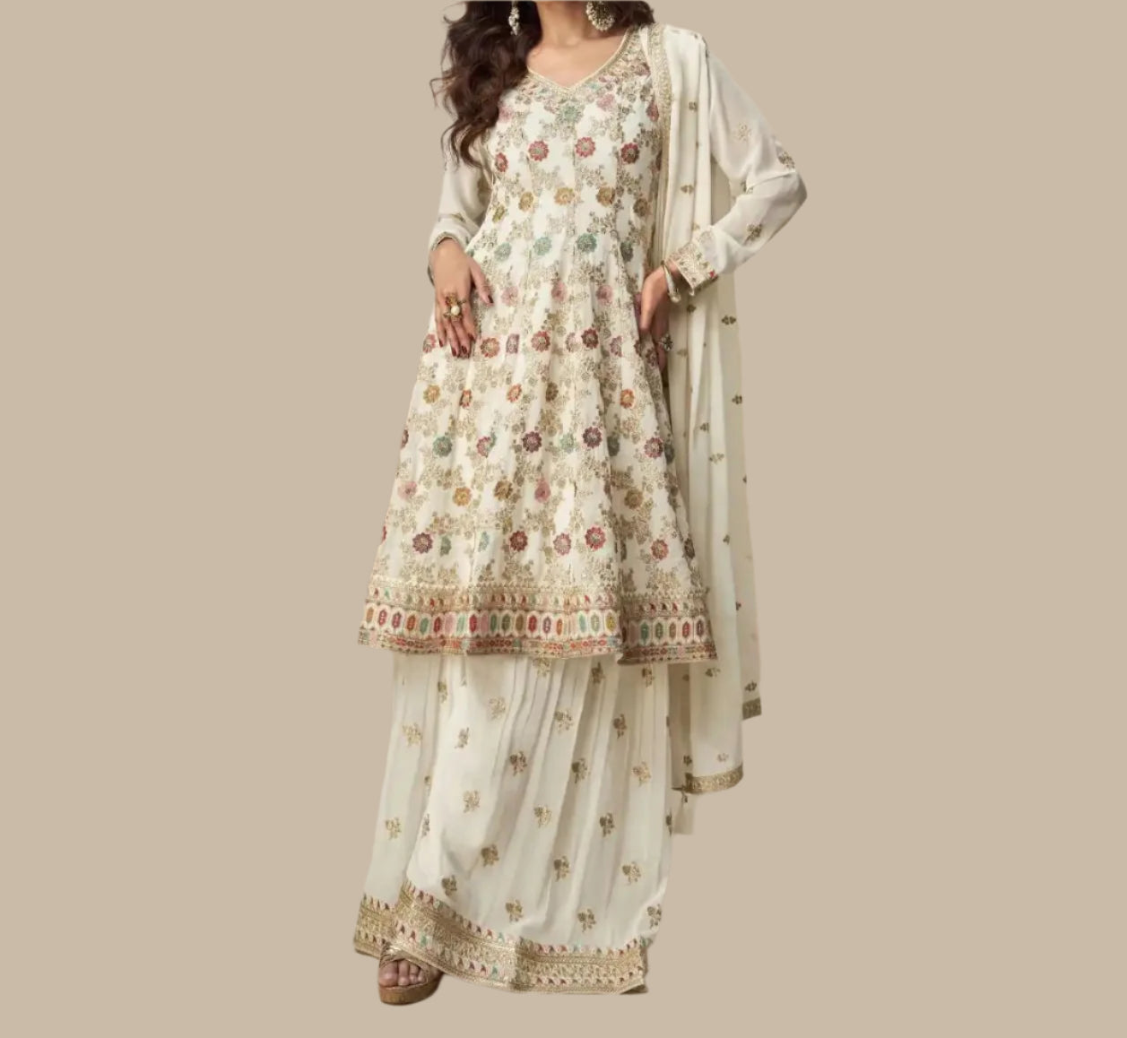 Ivory Multicolor Embroidered Georgette Salwar Suit