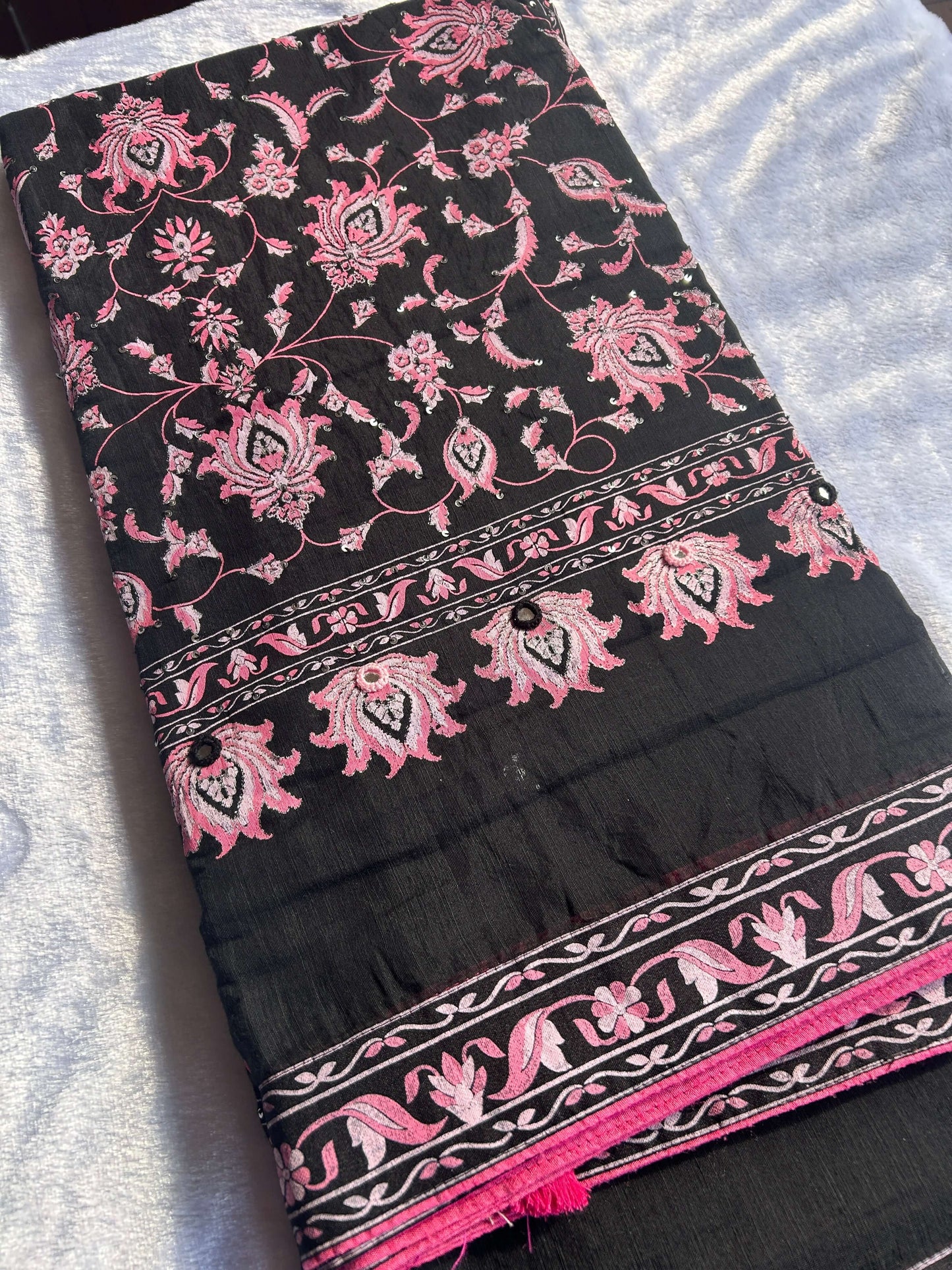 Black & Pink Cotton Block Printed Saree@Auxerra