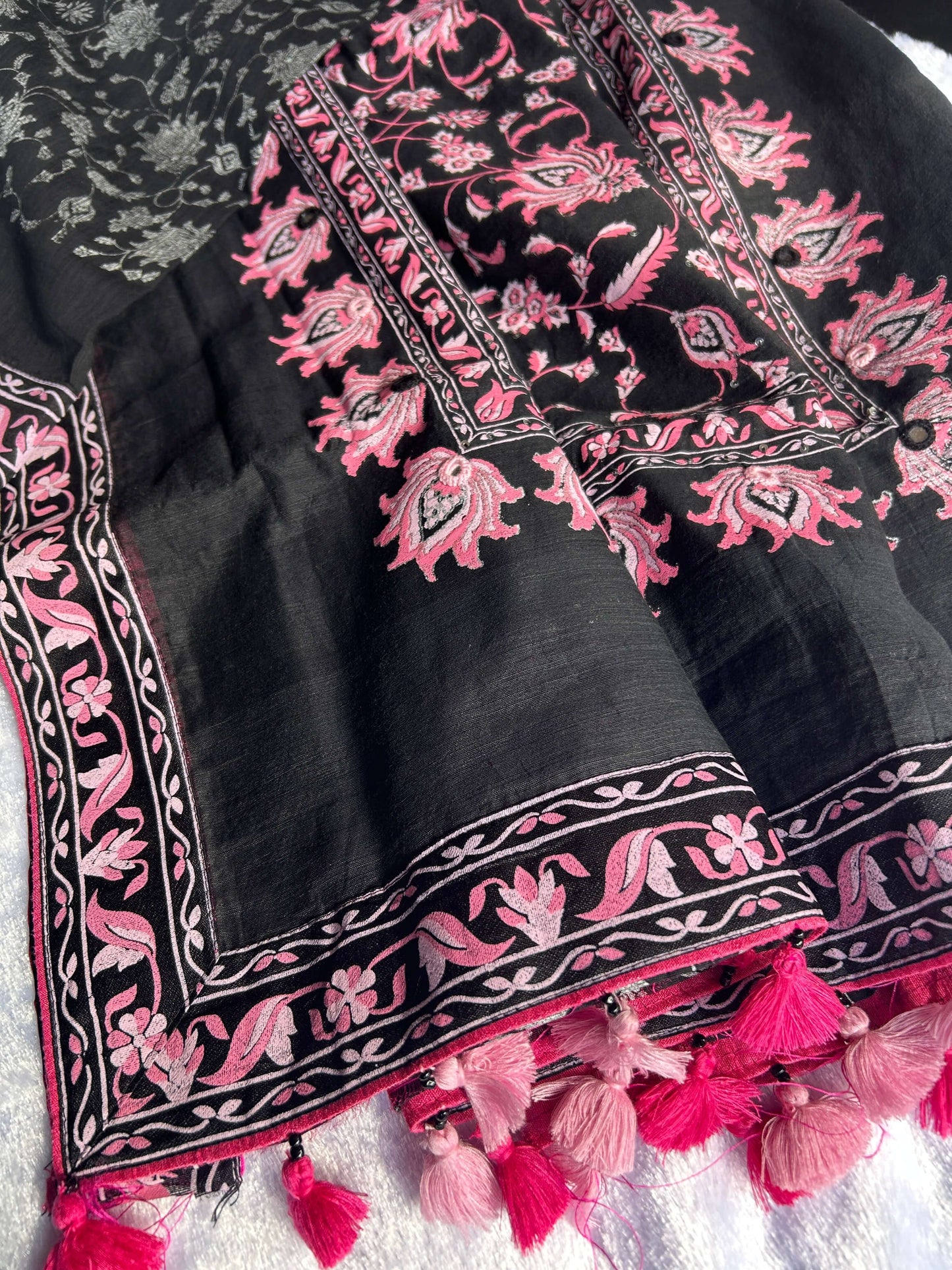 Black & Pink Cotton Block Printed Saree@Auxerra