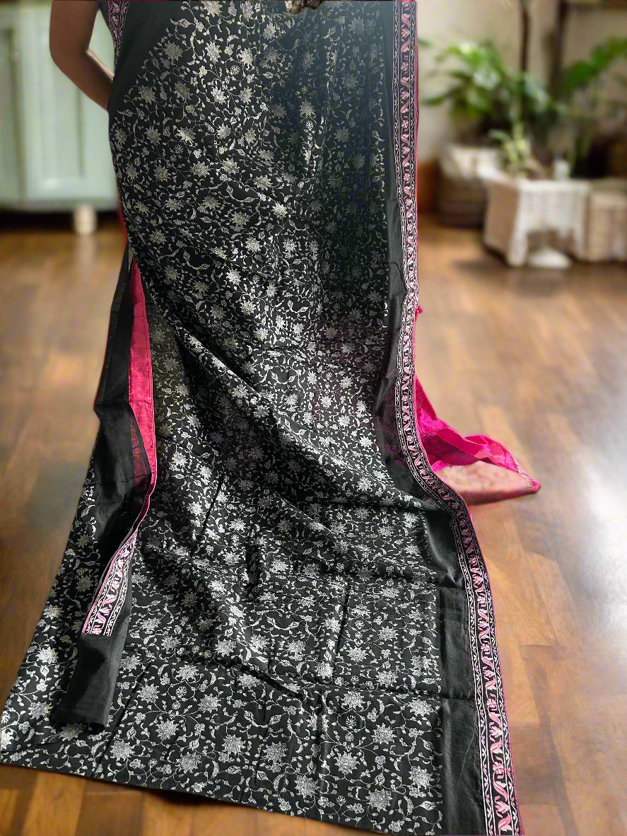 Black & Pink Cotton Block Printed Saree@Auxerra