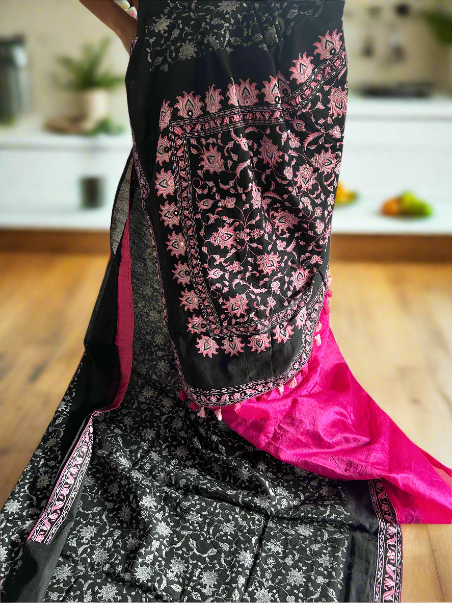 Black & Pink Cotton Block Printed Saree@Auxerra