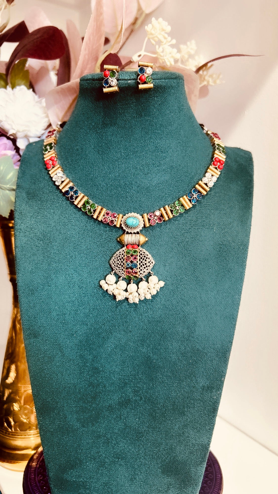 Multicolor German Silver Necklace Set with Earrings@Auxerra