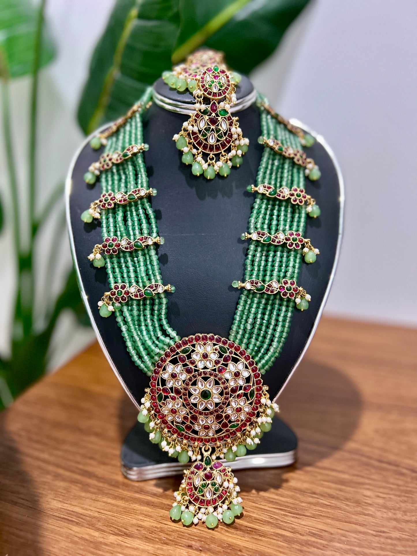 Grand Emerald Beaded Kundan Necklace with Ruby Accents | Auxerra