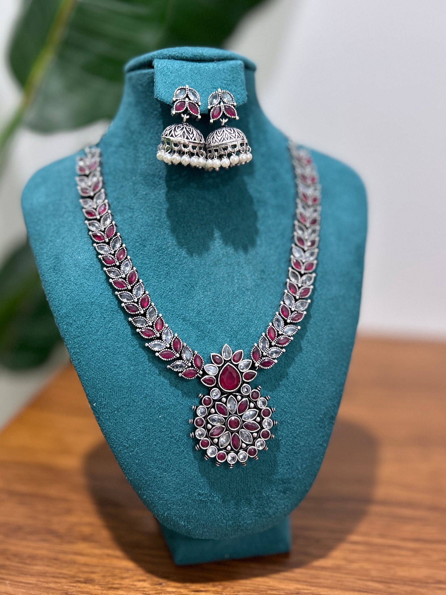 Oxidized Ruby Necklace with Jhumka Earrings