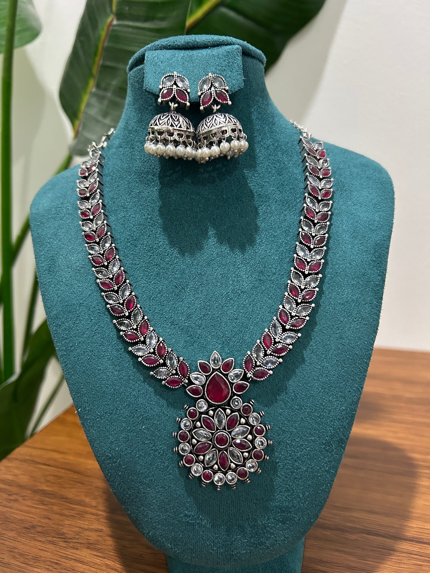 Oxidized Ruby Necklace with Jhumka Earrings