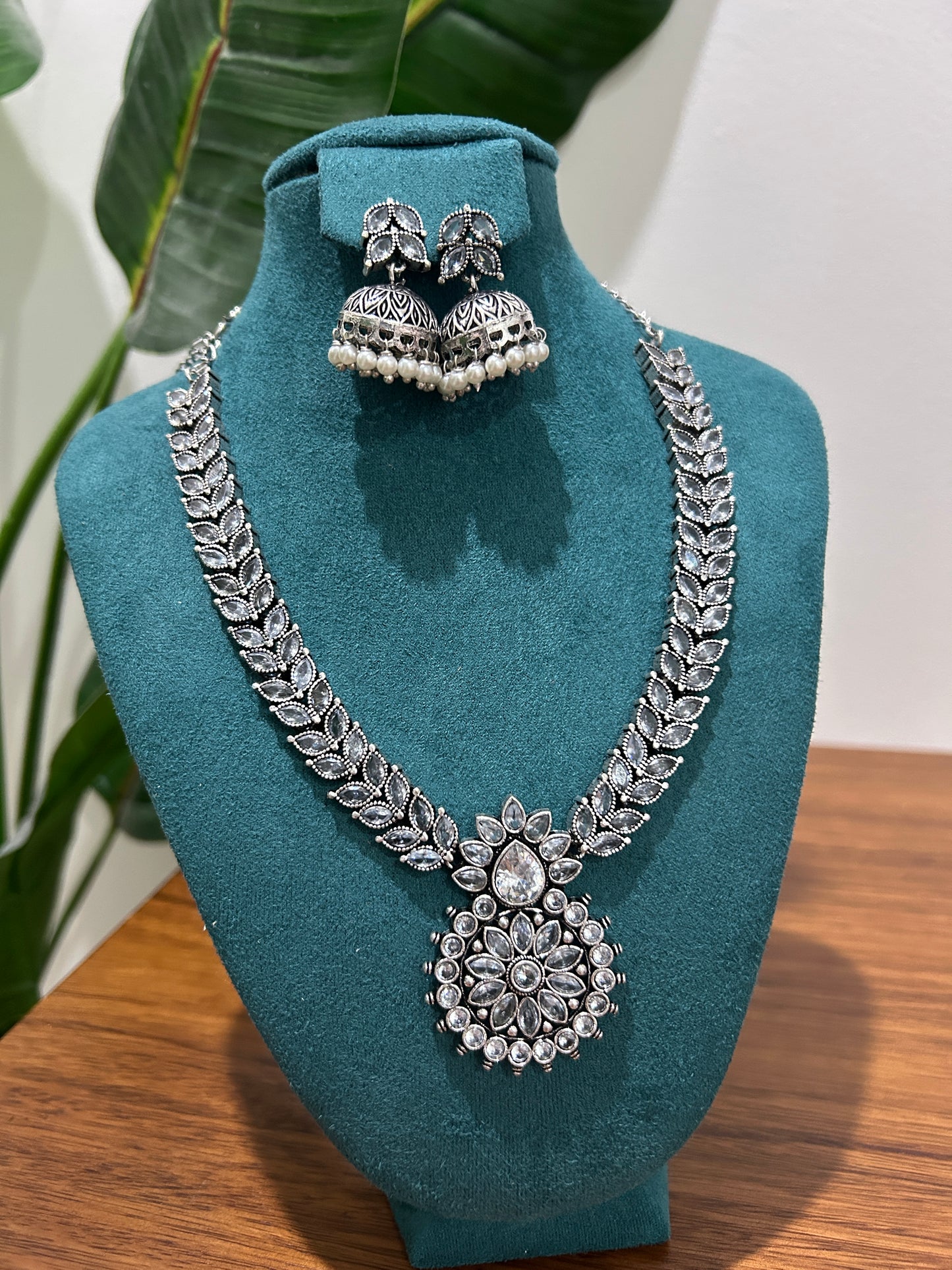 Silver Oxidized Necklace with Jhumka Earrings