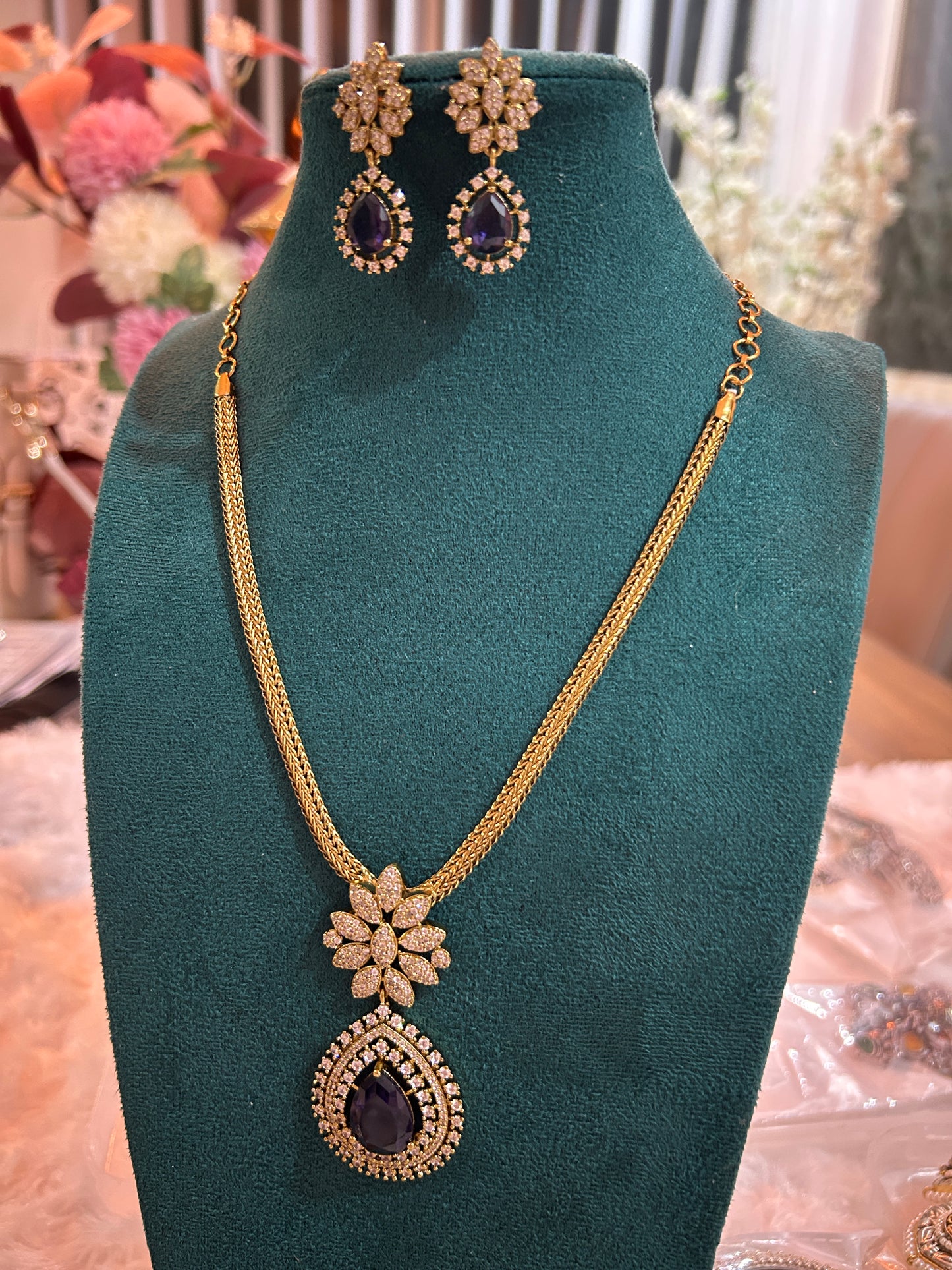 Gold Sapphire Drop Necklace Set with Earrings | Auxerra