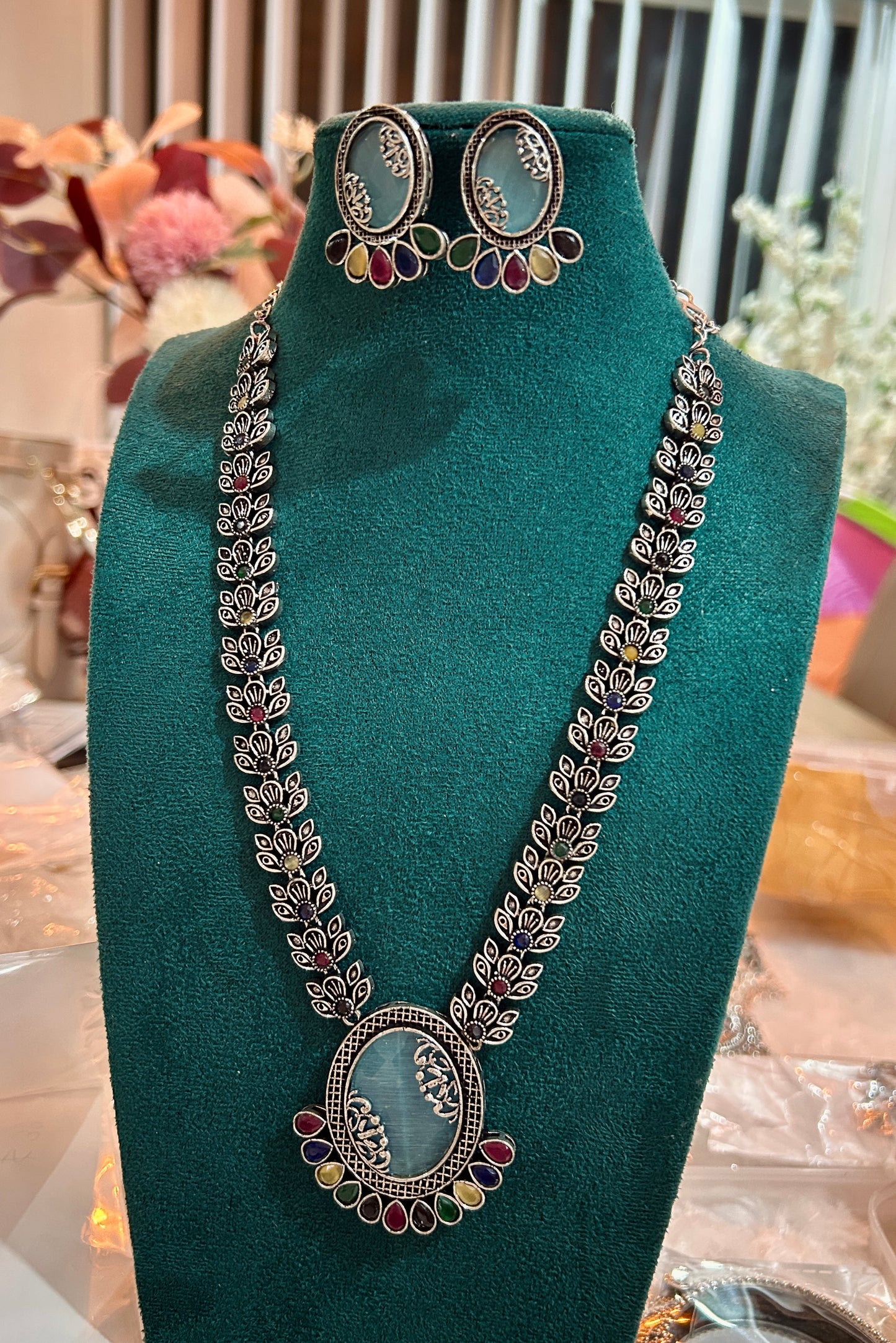 Oxidized Silver Multicolor Stone Necklace with Earrings