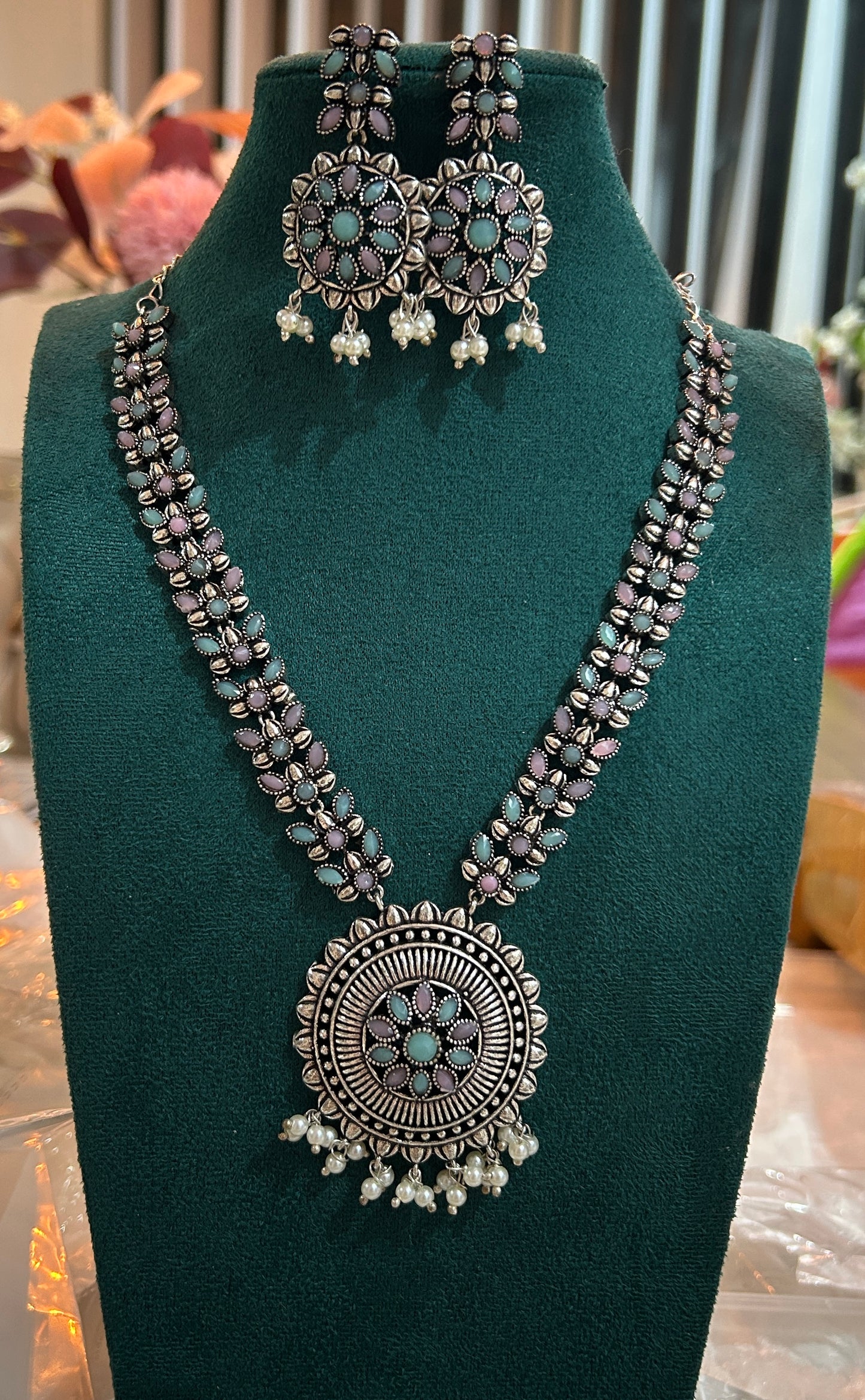 Oxidized Silver Floral Necklace with Earrings
