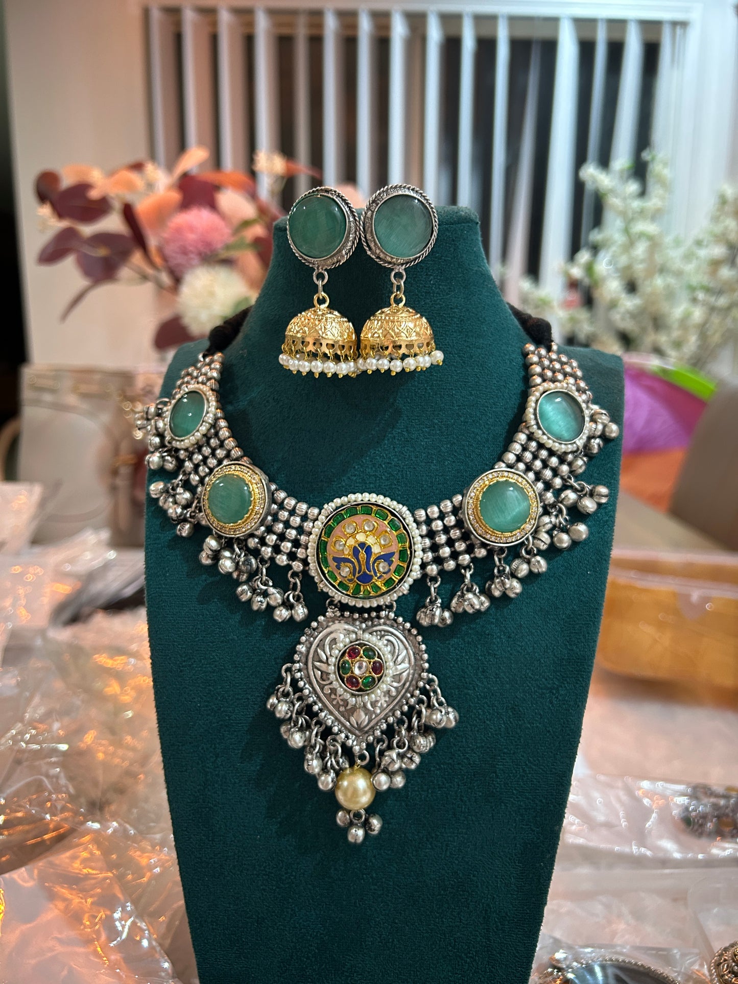 Oxidized Silver Temple Necklace with Green Stones | Auxerra
