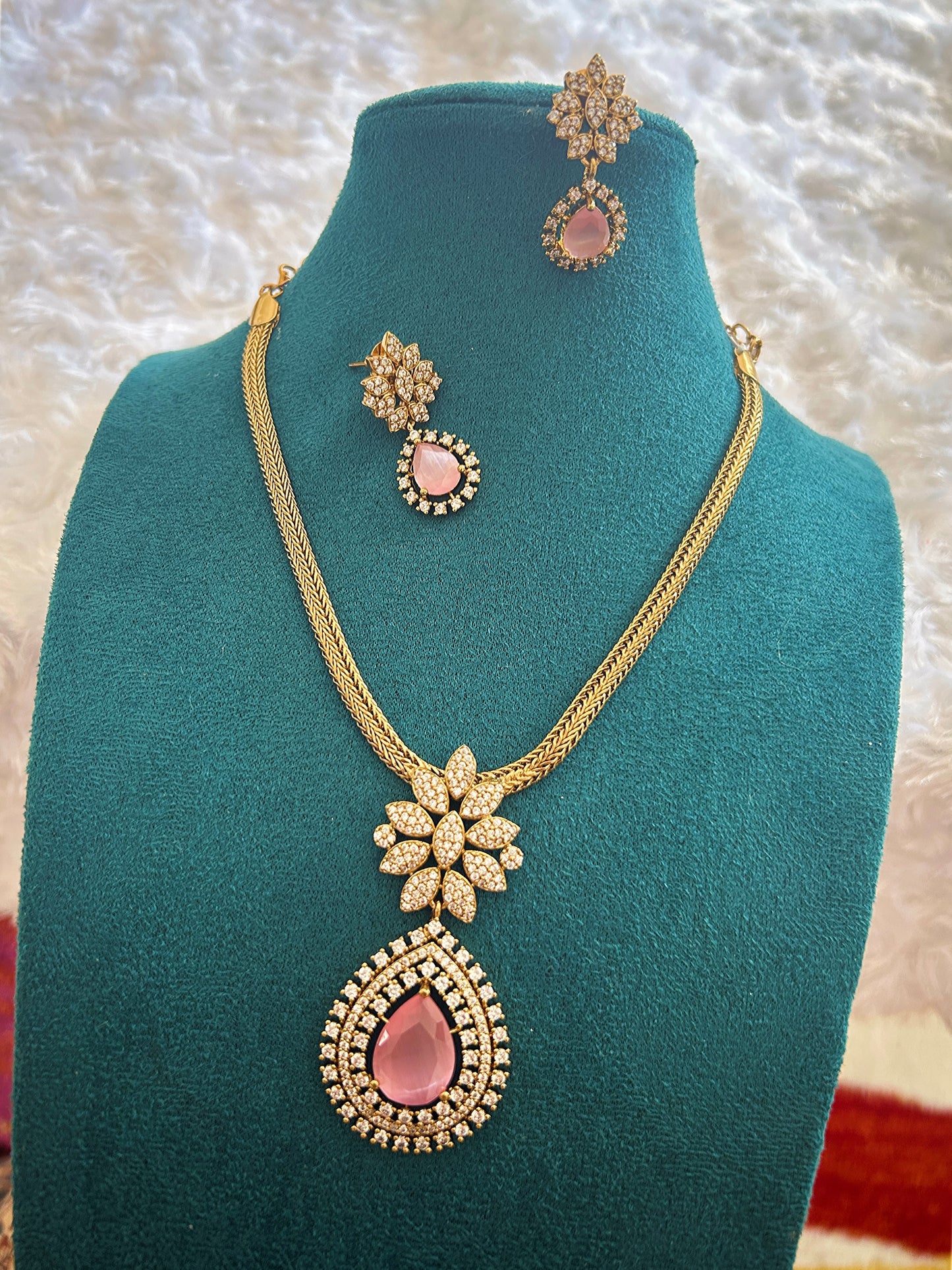 Gold Pink Stone Drop Necklace with Earrings | Auxerra
