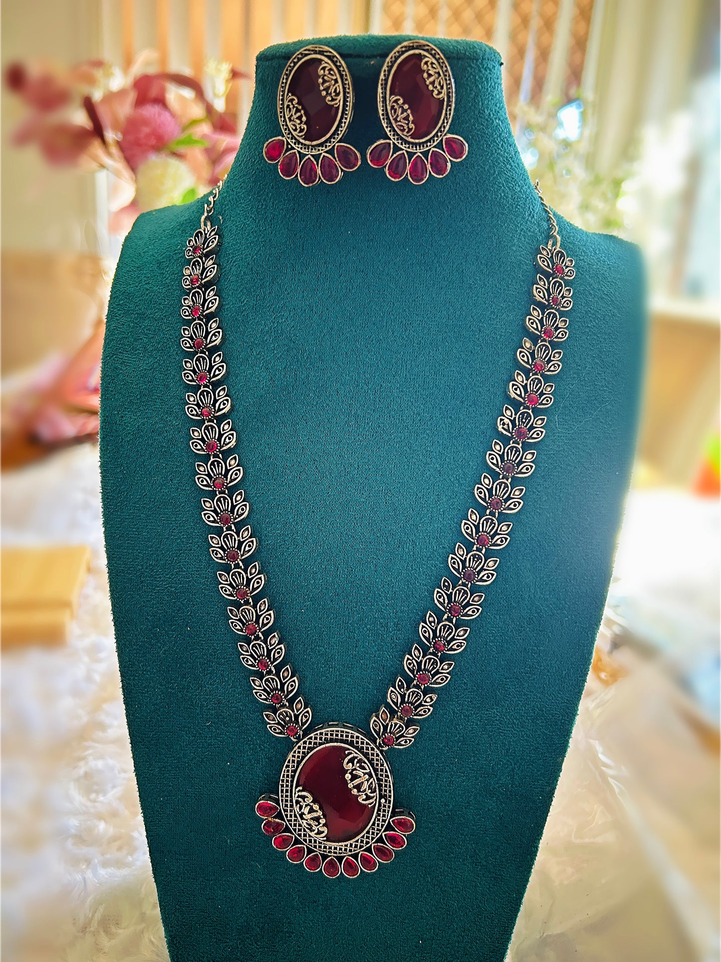 Oxidized Silver Multicolor Stone Necklace with Earrings