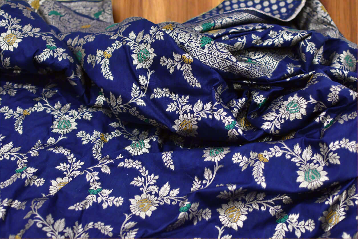 Navy Blue Banarasi Silk Saree@Auxerra