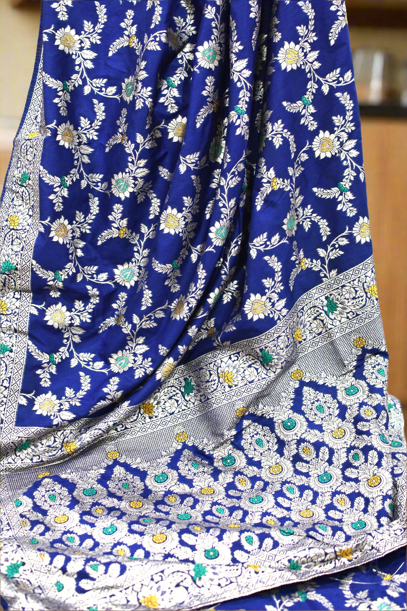 Navy Blue Banarasi Silk Saree@Auxerra