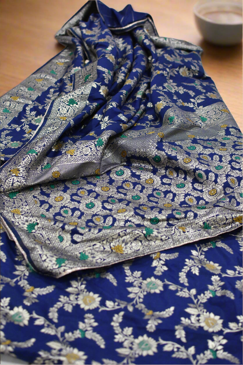 Navy Blue Banarasi Silk Saree@Auxerra
