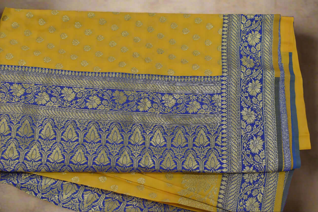 Yellow & Royal Blue Banarasi Silk Saree@Auxerra