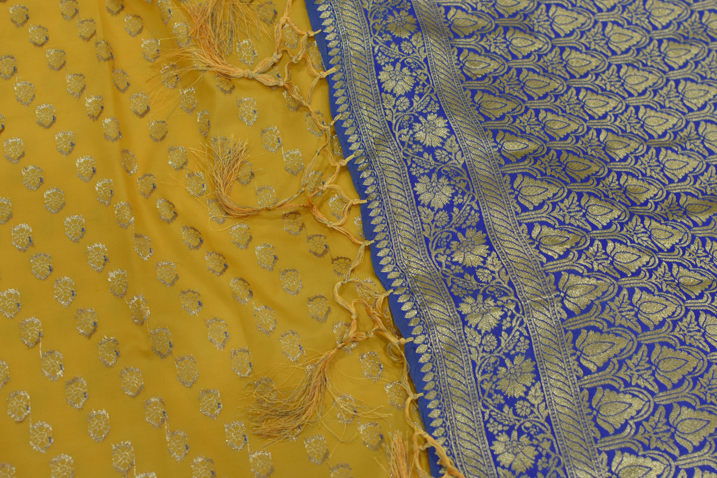 Yellow & Royal Blue Banarasi Silk Saree@Auxerra