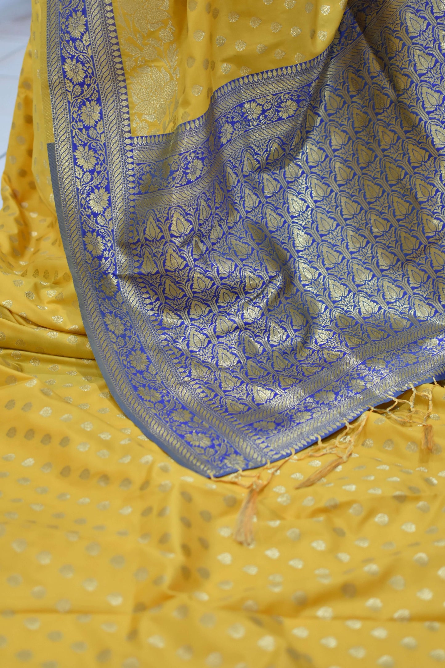 Yellow & Royal Blue Banarasi Silk Saree@Auxerra