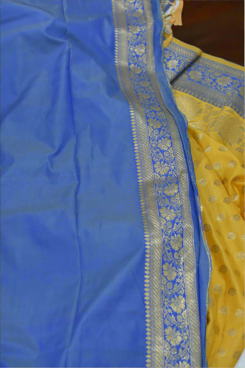 Yellow & Royal Blue Banarasi Silk Saree@Auxerra