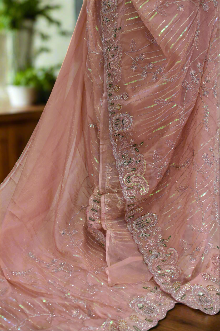 Peach-Pink Sequin Embroidered Organza Saree@Auxerra