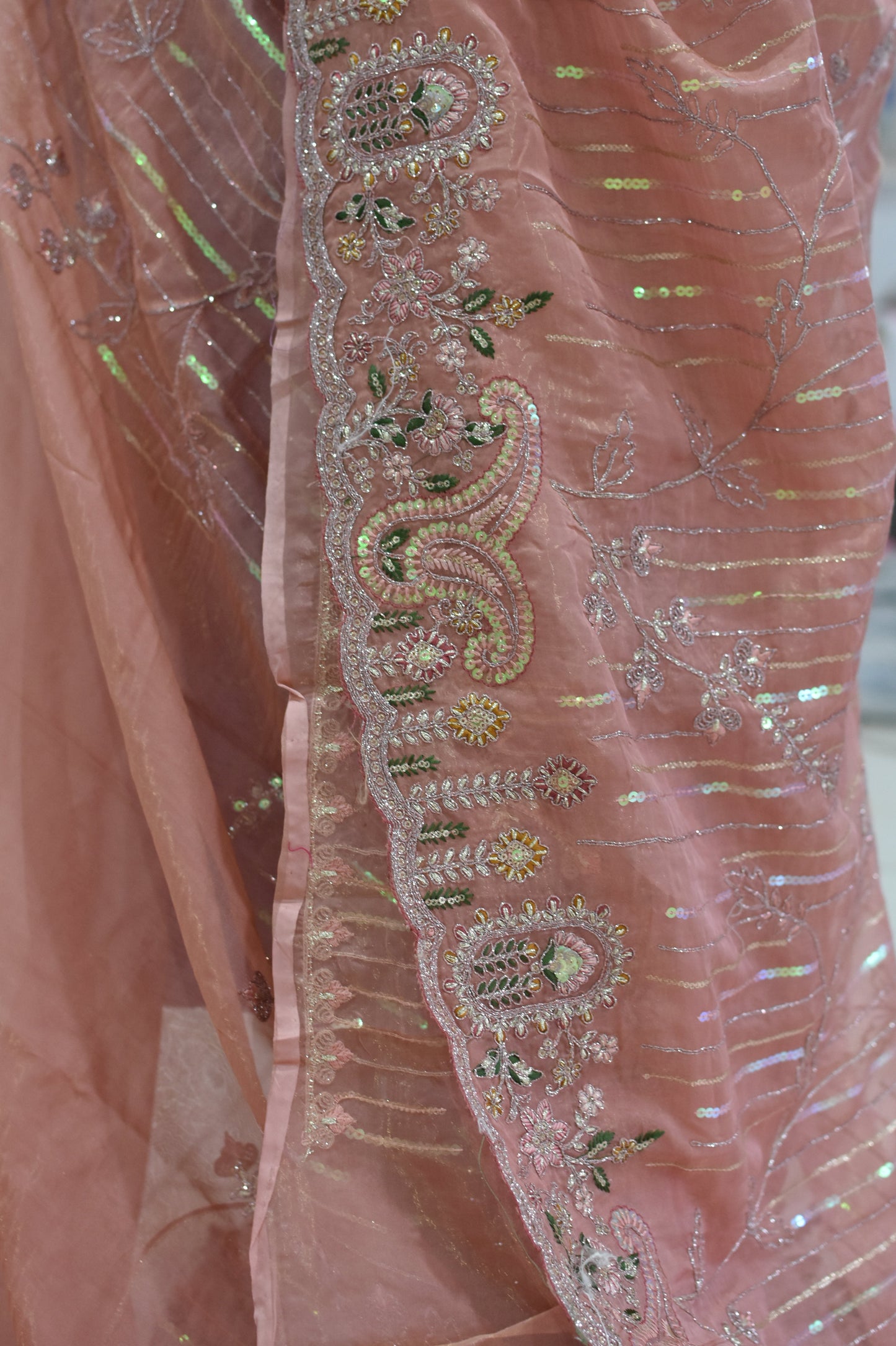 Peach-Pink Sequin Embroidered Organza Saree@Auxerra