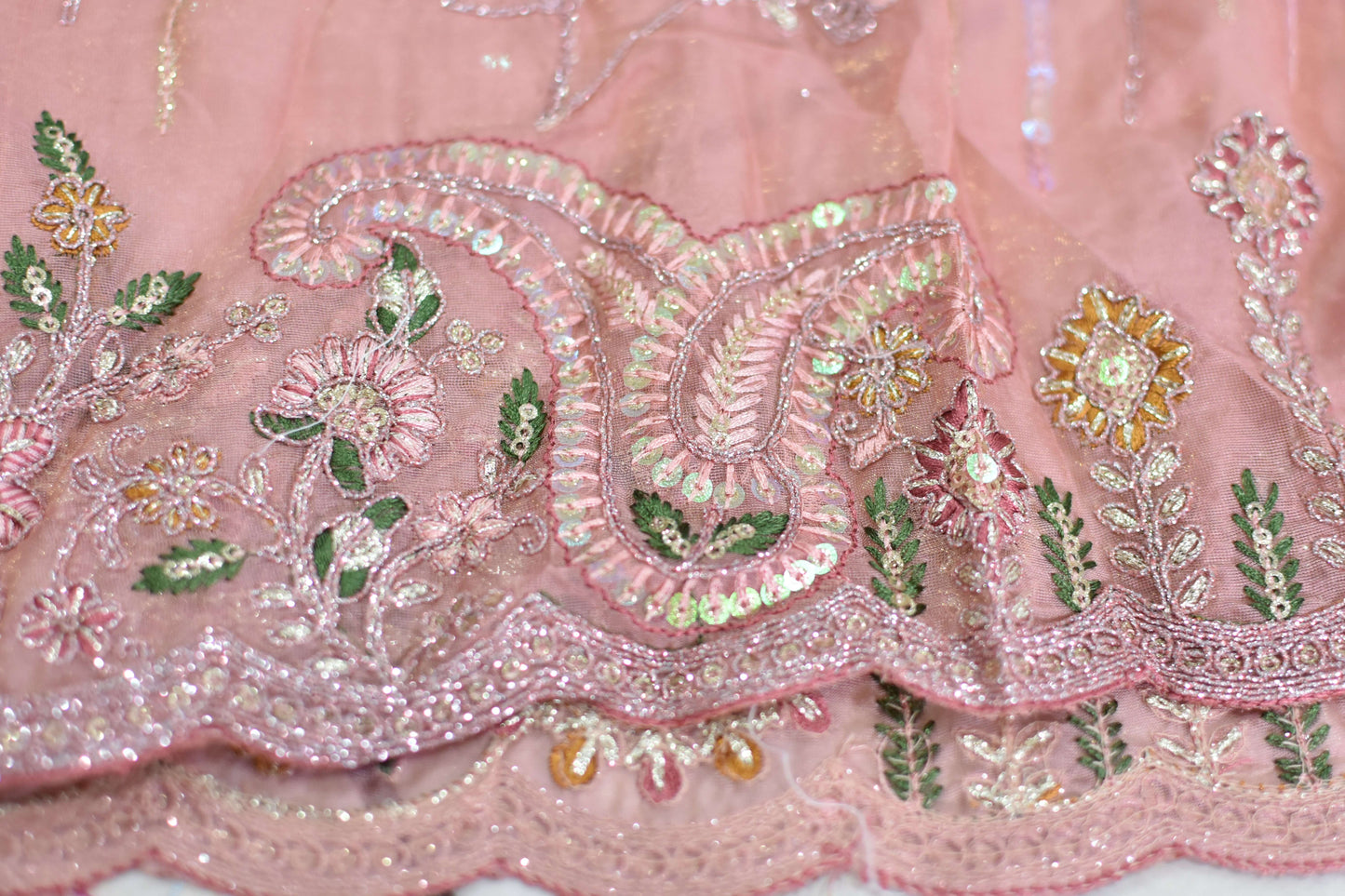 Peach-Pink Sequin Embroidered Organza Saree@Auxerra