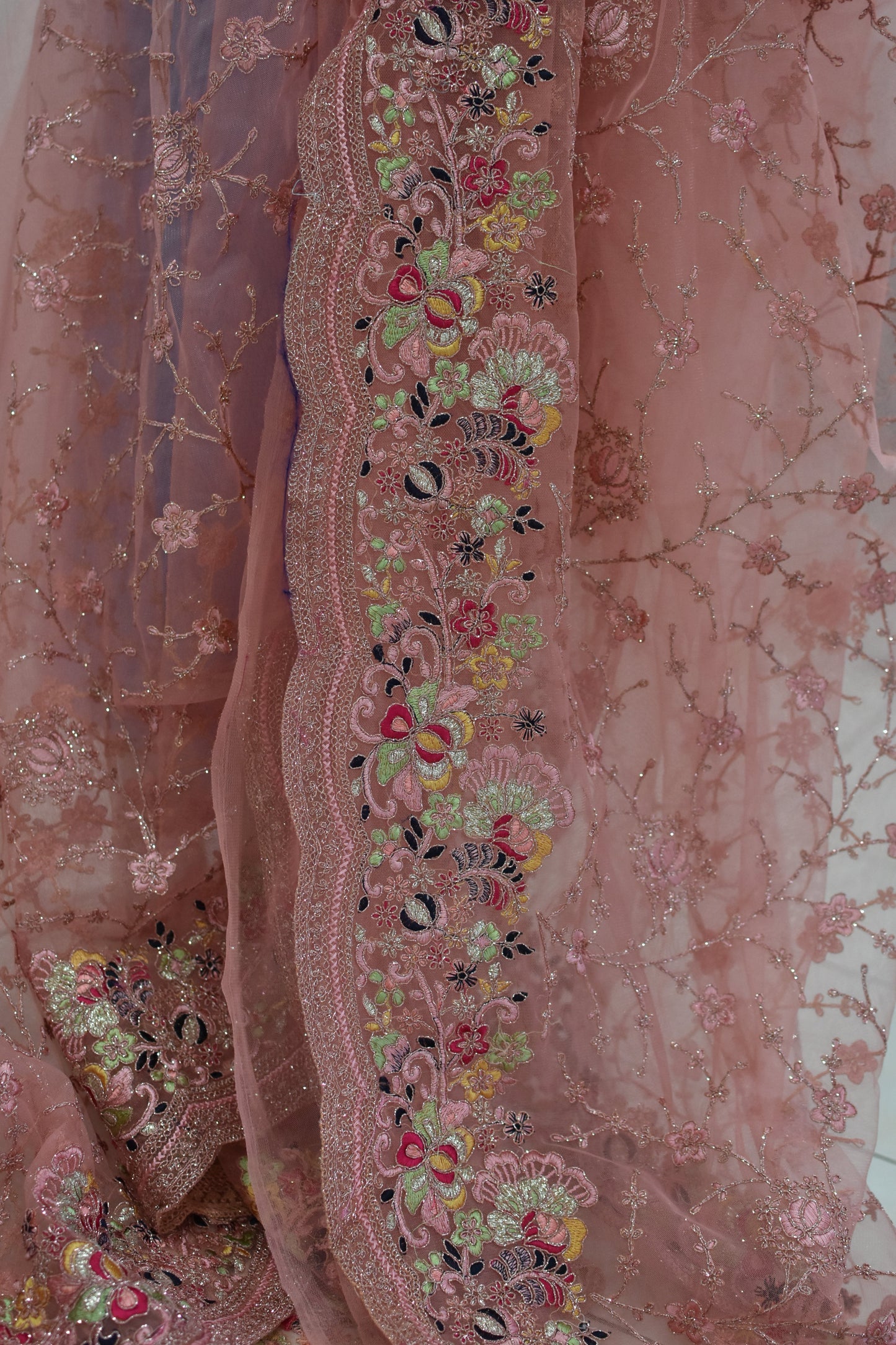 Blush Pink Multicolor Floral Embroidered Net Saree@Auxerra