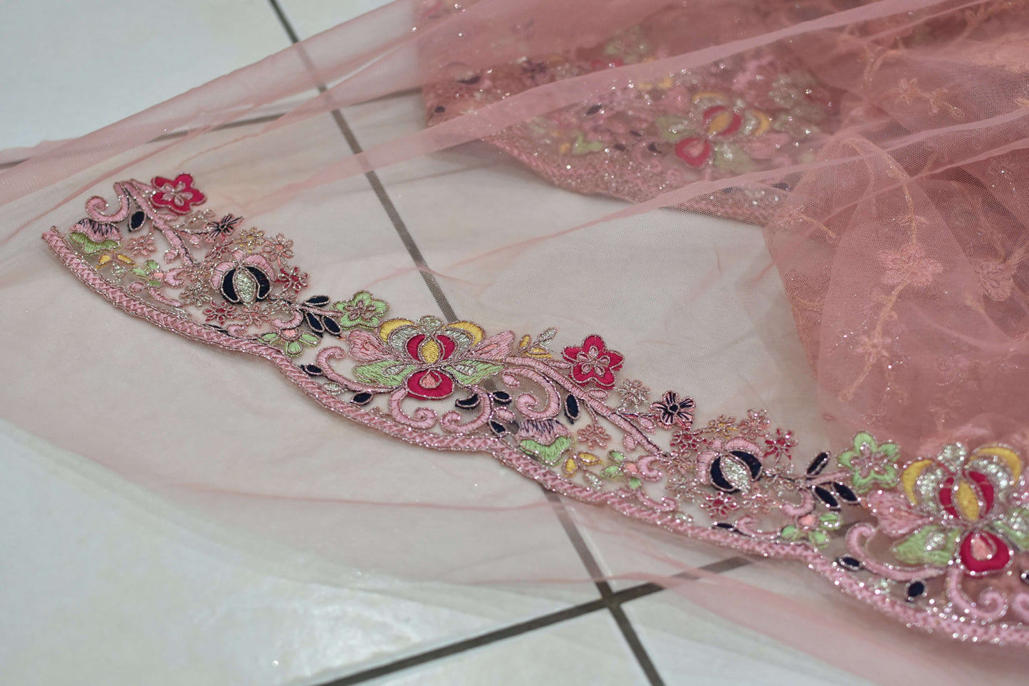 Blush Pink Multicolor Floral Embroidered Net Saree@Auxerra