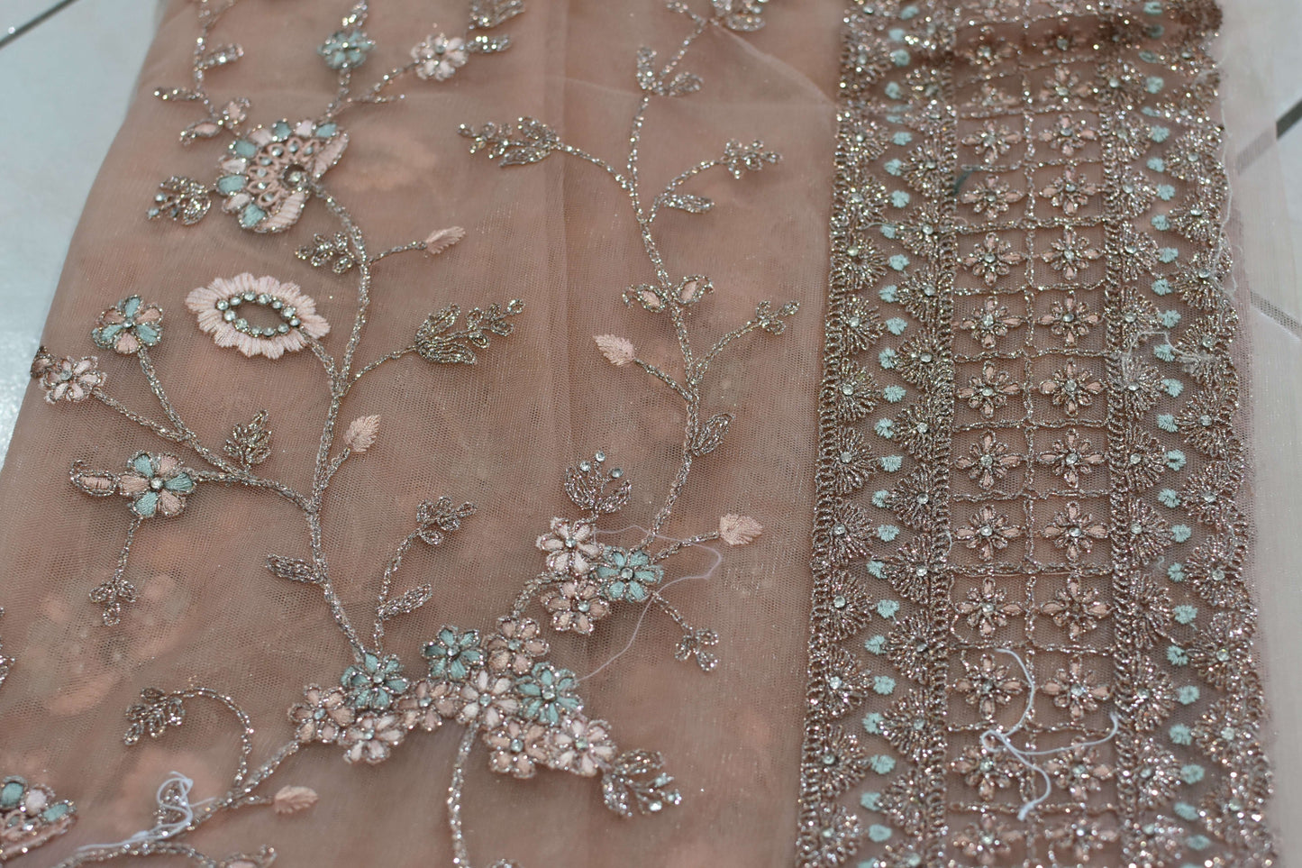 Dusty Peach Net Embroidered Saree@Auxerra