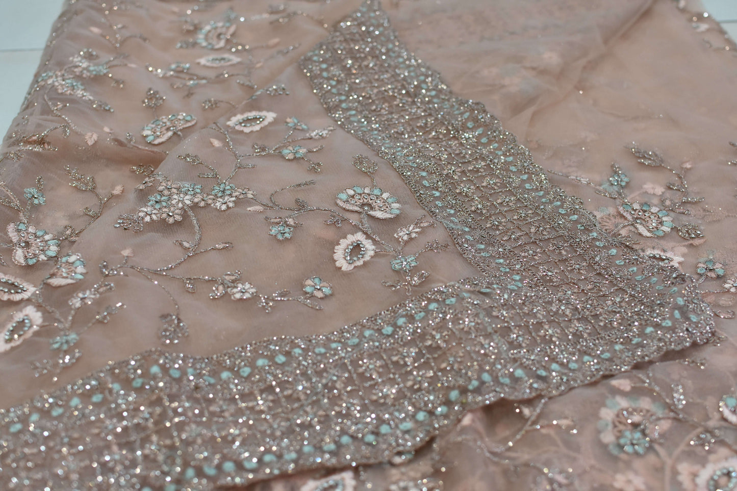 Dusty Peach Net Embroidered Saree@Auxerra