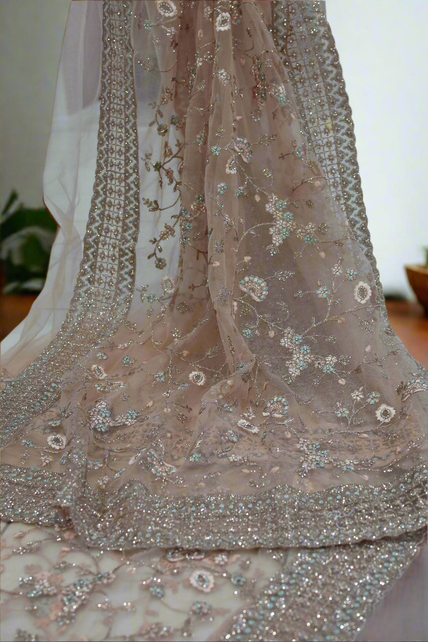 Dusty Peach Net Embroidered Saree@Auxerra