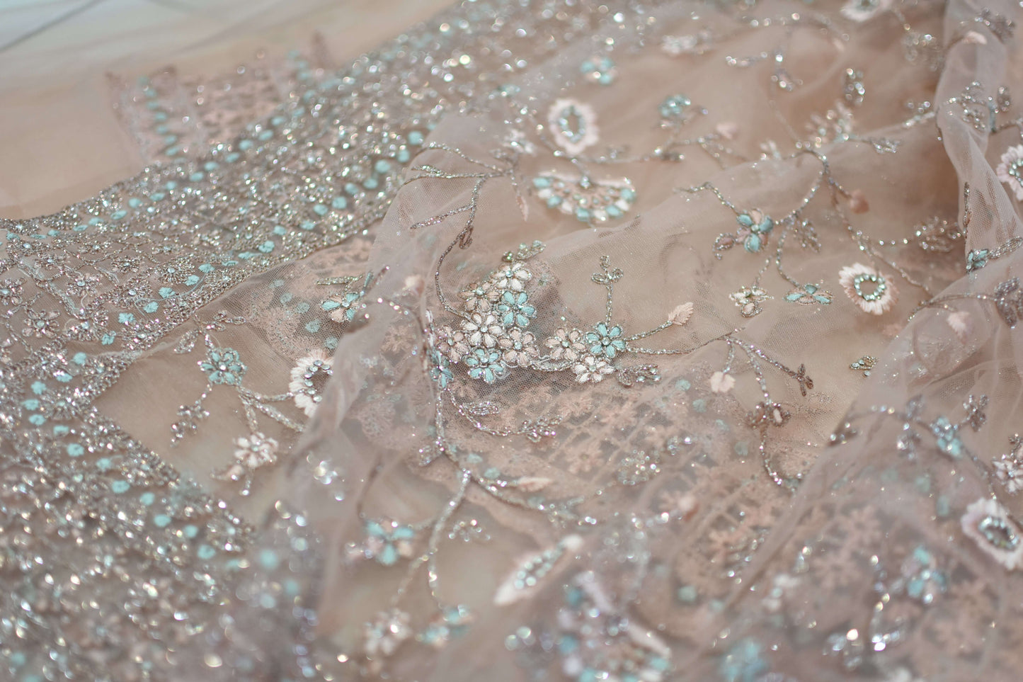 Dusty Peach Net Embroidered Saree@Auxerra