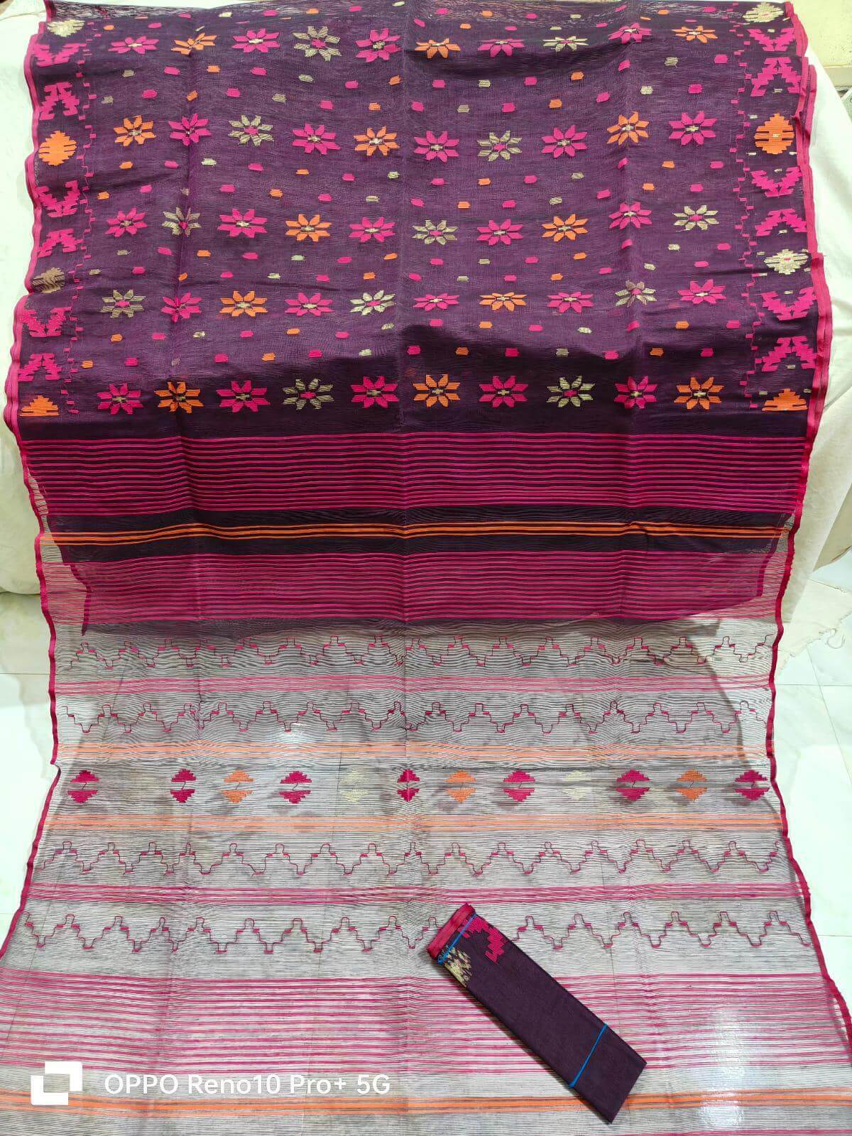 Majestic Plum Dhakai Jamdani Saree with Blouse Piece@Auxerra