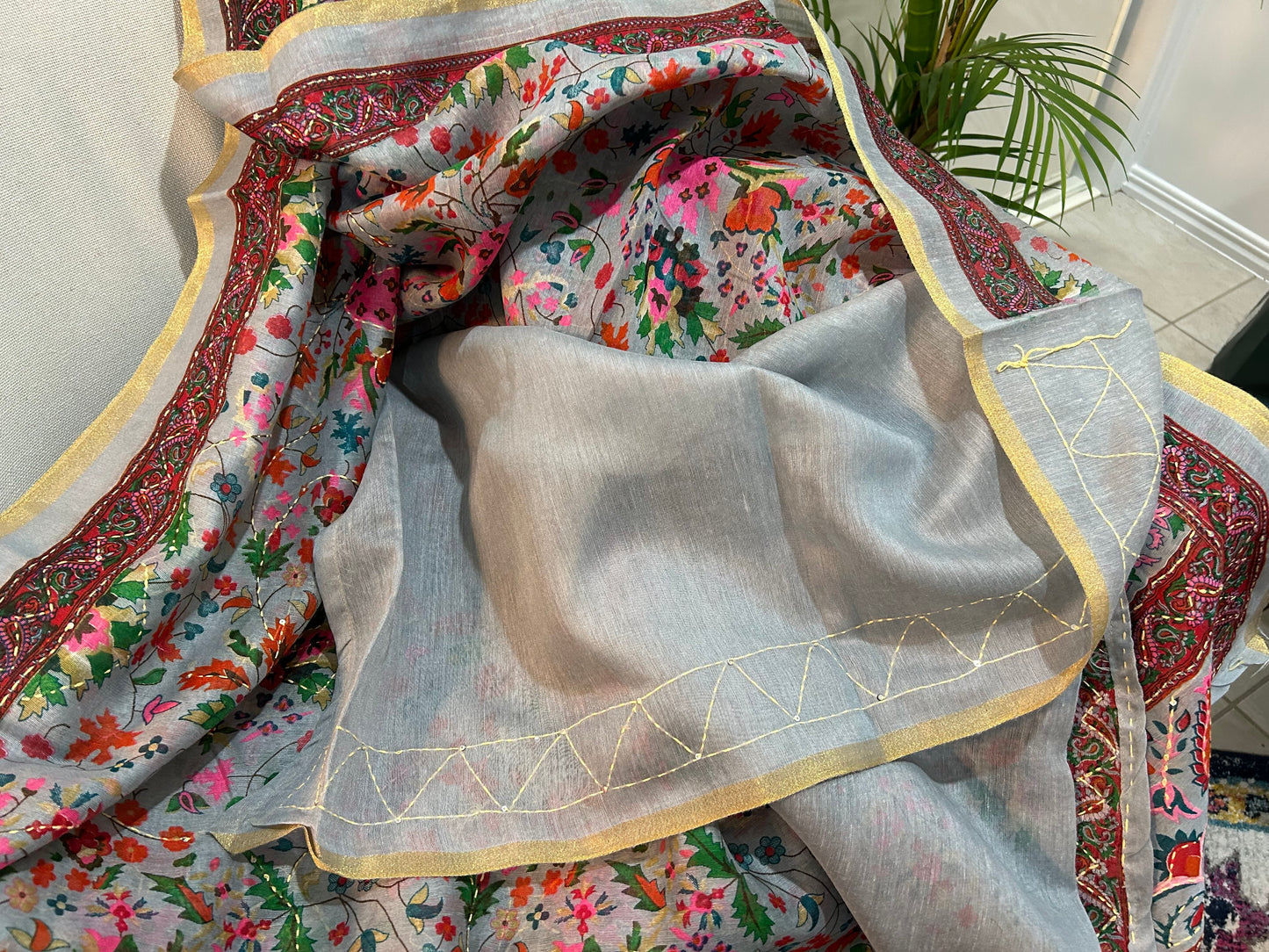 Half silk floral saree with hand embroidered@Auxerra