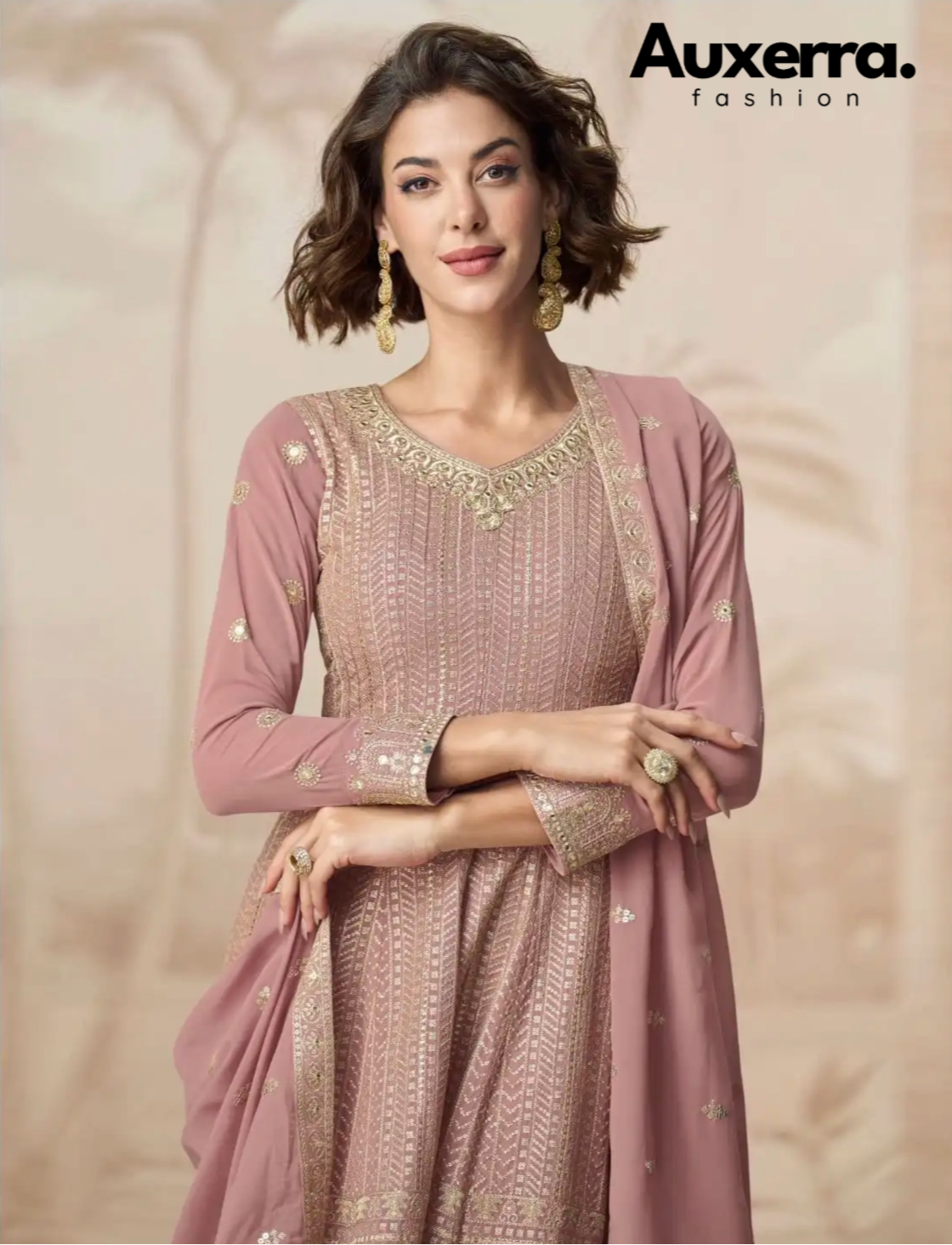 Pastel Mauve Embroidered Georgette Salwar Suit | Auxerra