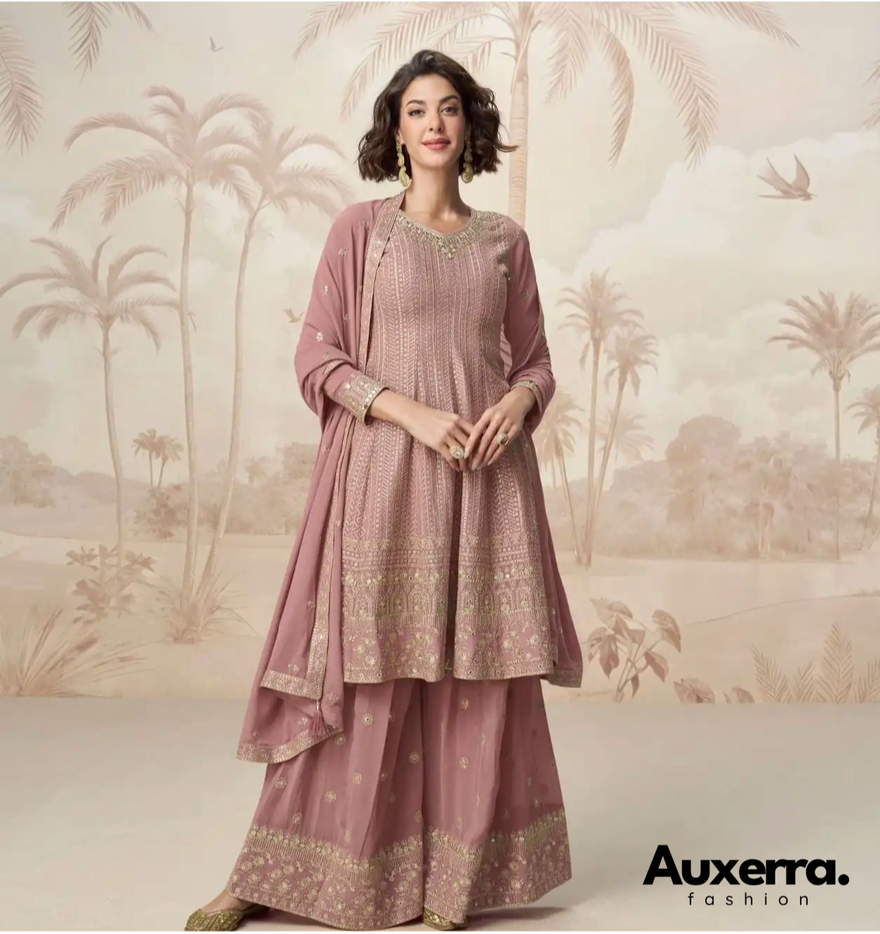 Pastel Mauve Embroidered Georgette Salwar Suit | Auxerra