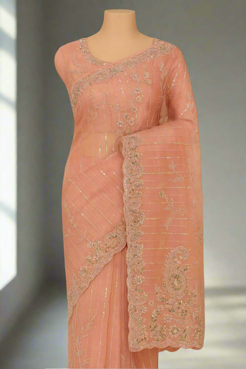 Peach-Pink Sequin Embroidered Organza Saree@Auxerra
