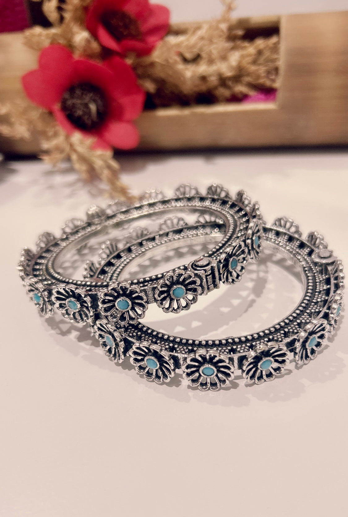 Antique Floral Oxidized Silver Bangles – Multicolor Variants