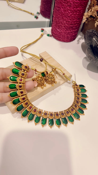 Royal Green Enamel Gold-Tone Choker Necklace Set with Jhumka Earrings