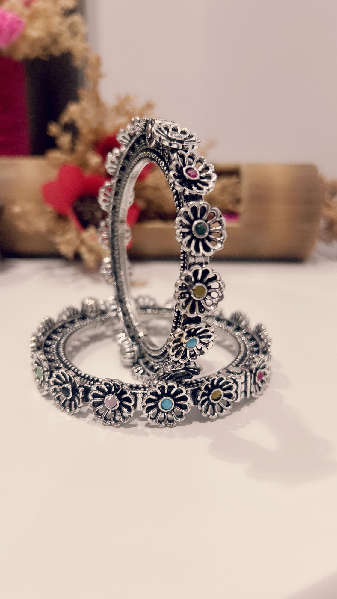 Antique Floral Oxidized Silver Bangles – Multicolor Variants