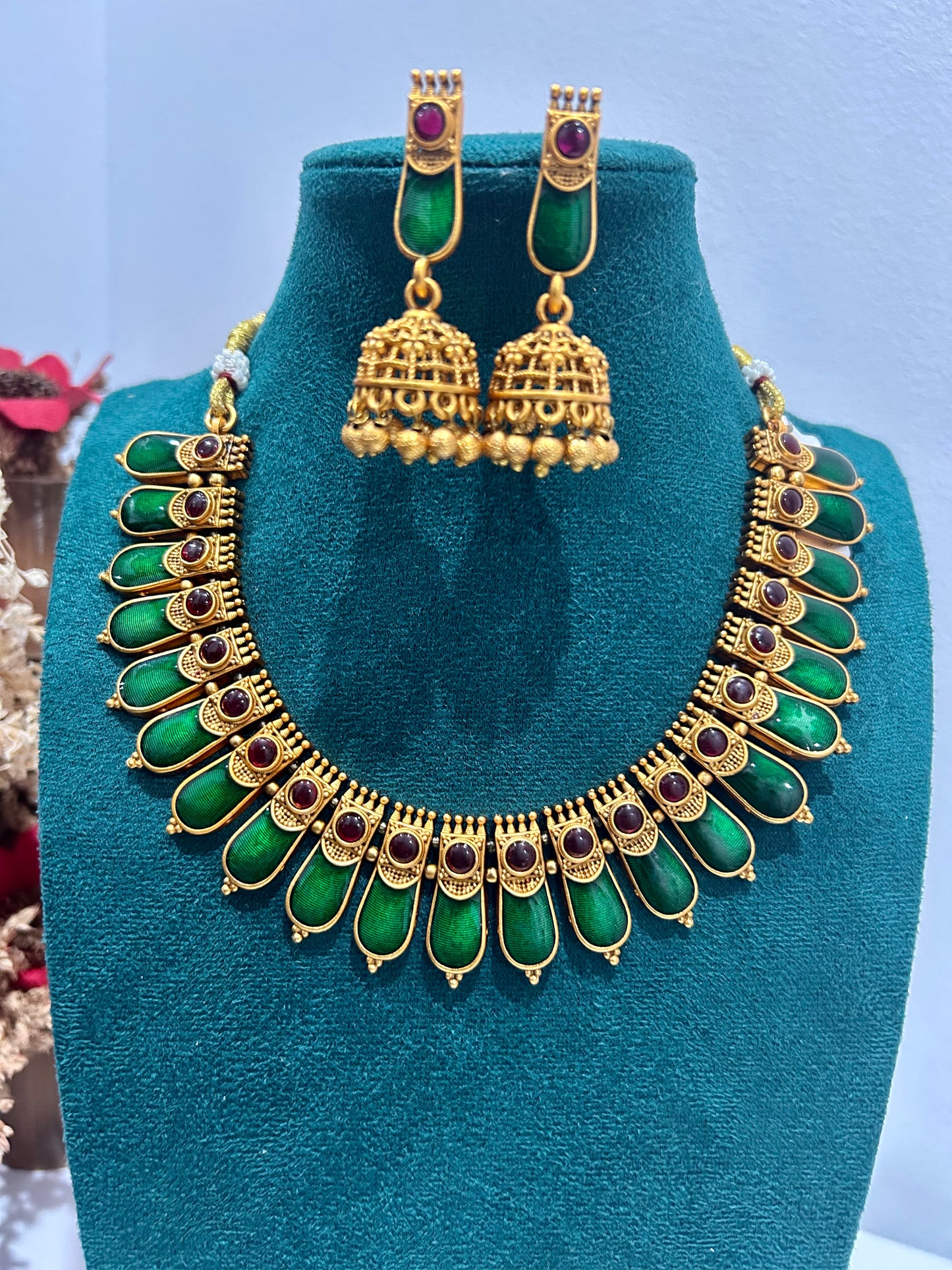 Royal Green Enamel Gold-Tone Choker Necklace Set with Jhumka Earrings