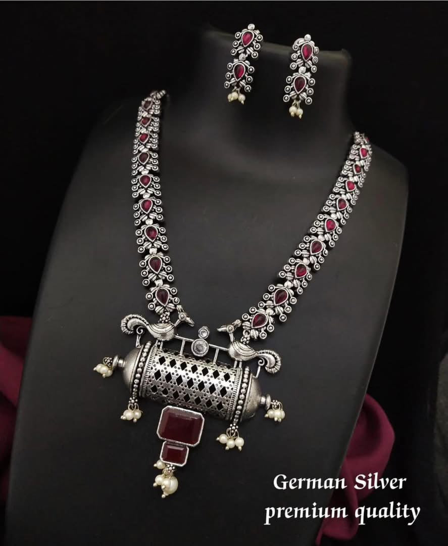 Premium German Silver Antique Ruby Necklace Set