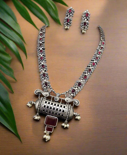 Premium German Silver Antique Ruby Necklace Set